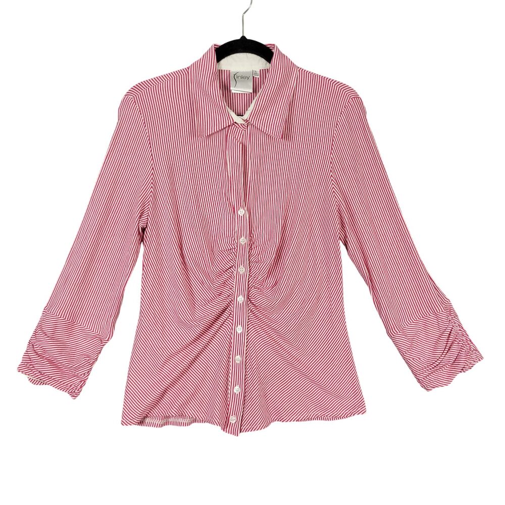 FINLEY Red Striped Tristana Knit Stretch Bamboo Ruched Button Up Top SIZE LARGE